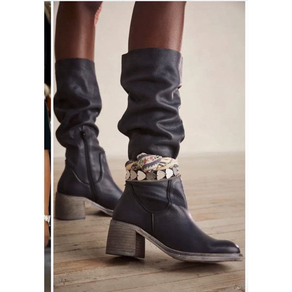 Free People Essential Knee High Boot Navy Blue Leather Size 38.5 - Picture 2 of 6